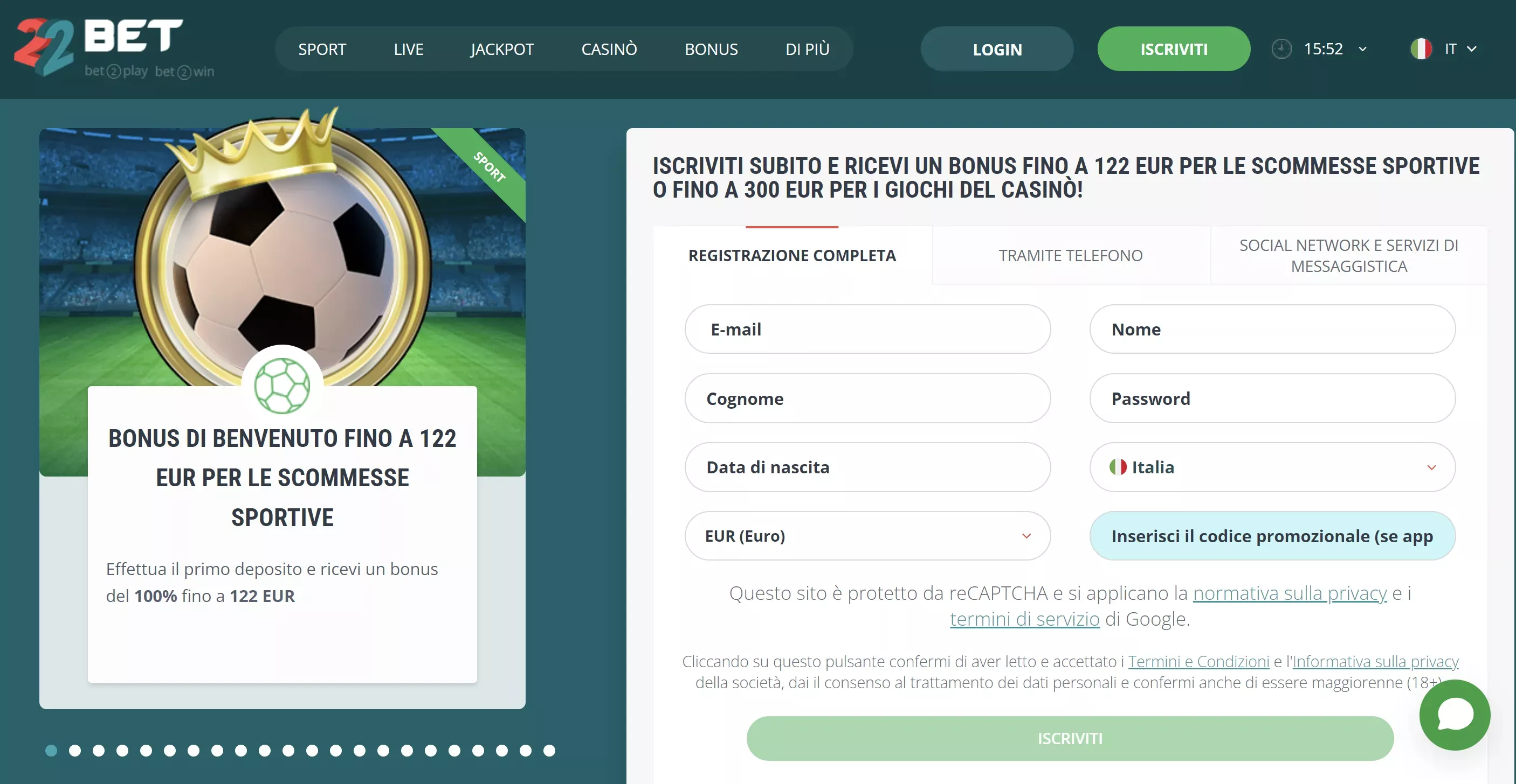 22bet bonus senza deposito